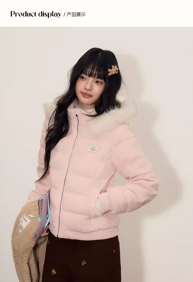 UMOUMO [90% white duck down] Soft and versatile Mushroom down jacket, cable knitted, multi-piece combination, hood, fur collar, slim waist.