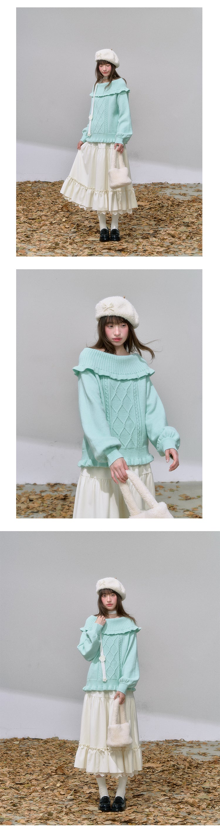 CANSTOREGIRLS Canned Goods Store Women's Mint Green Winter Off-the-Shoulder Rope Knit 'Mint Cloud Poem'