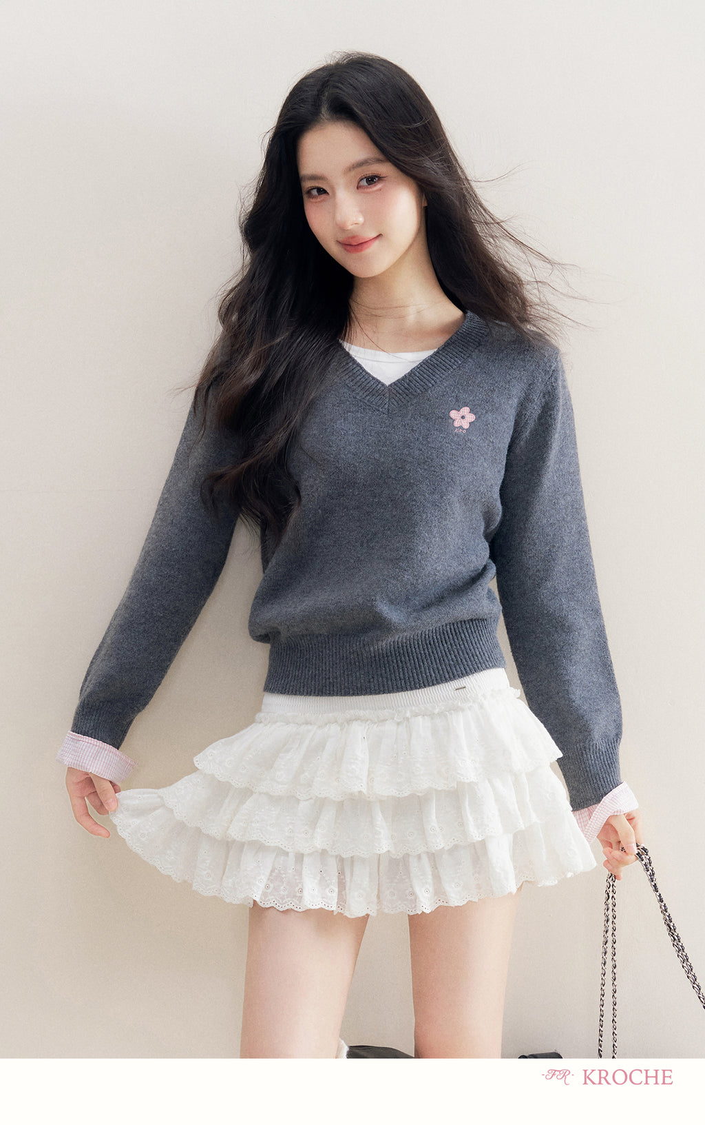 kroche 25AW two piece grey wool blend patchwork v neck sweater with bow