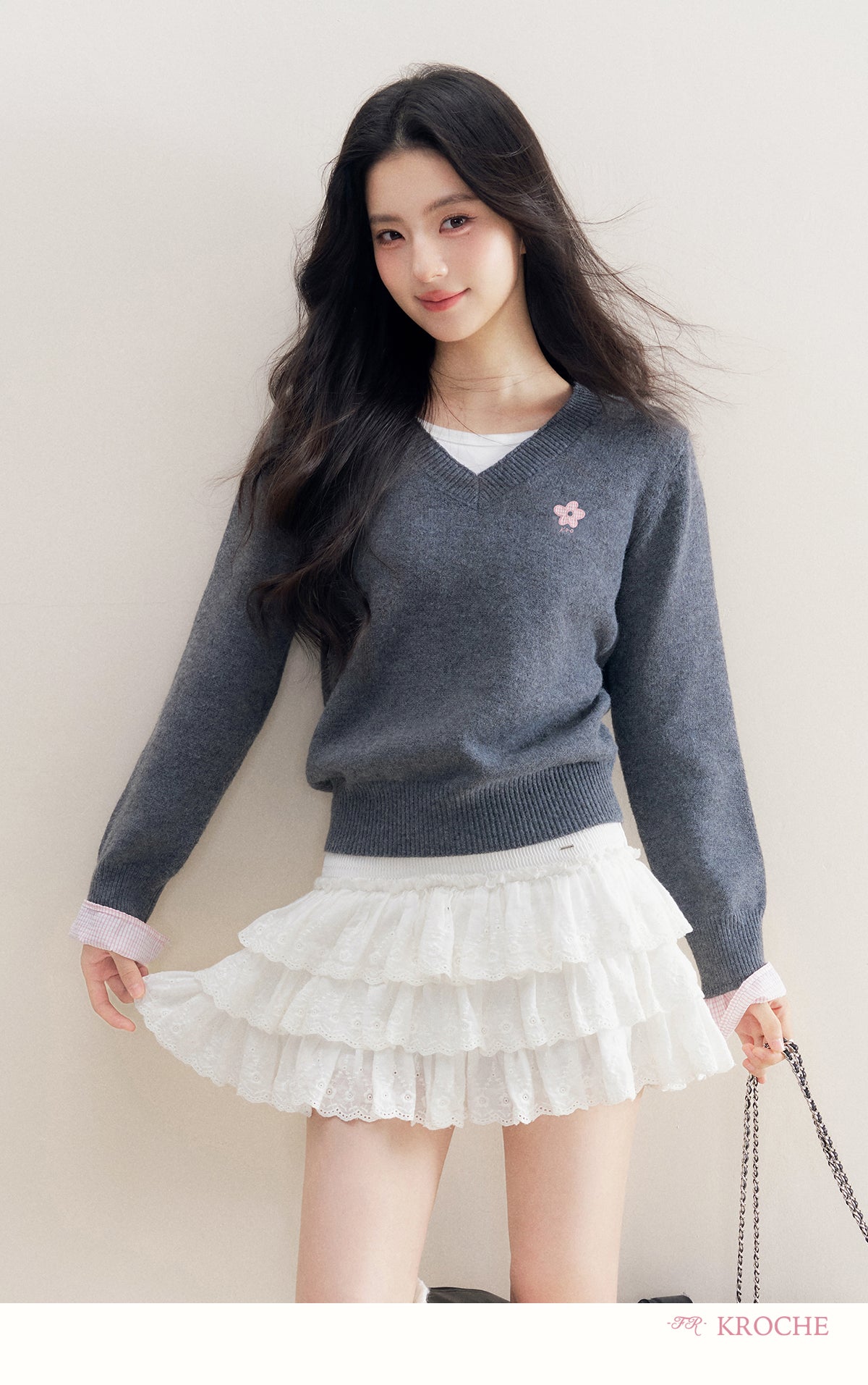 kroche 25AW two piece grey wool blend patchwork v neck sweater with bow