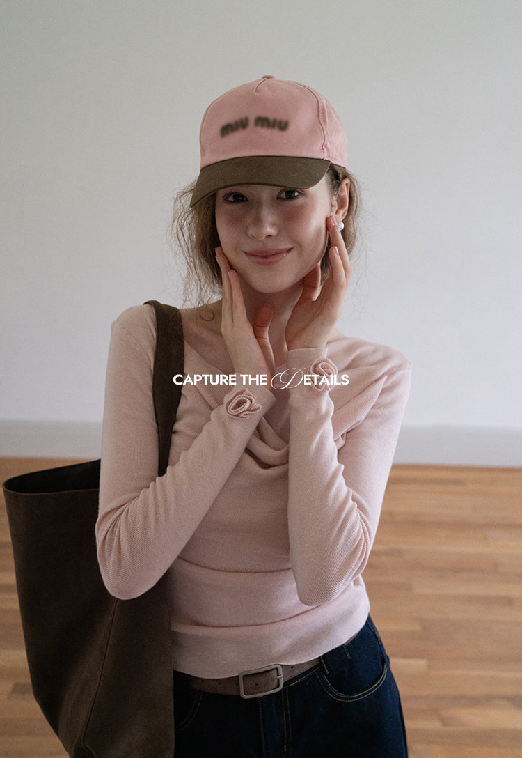 EGGKA Women's Pink French Style Off-the-Shoulder Long Sleeve Sweater, perfect for fall, makes you slim and elegant.