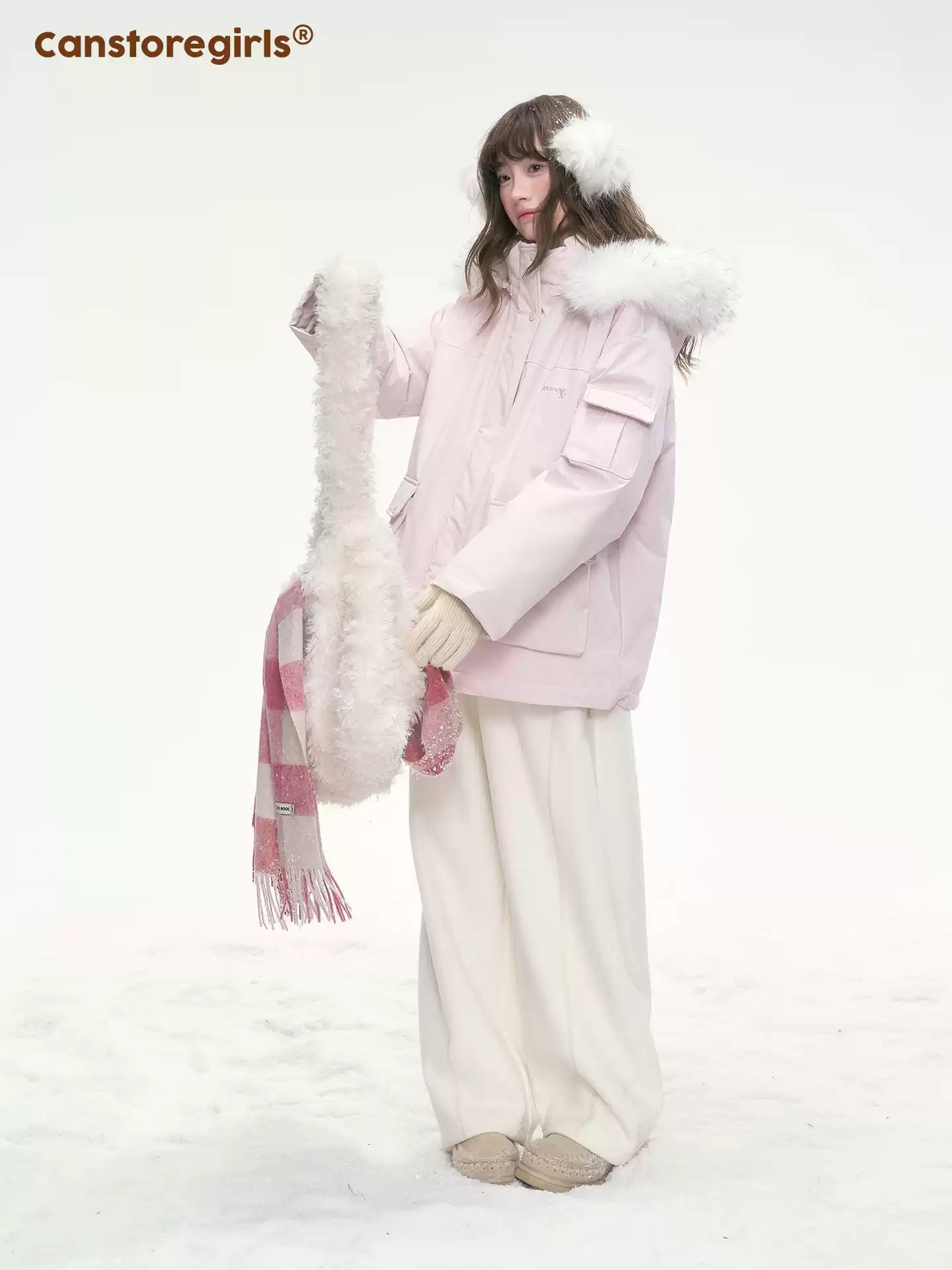 CANSTOREGIRLS Canned Goods Store 'Winter Love Song' Hooded Parka with Detachable Fur Collar, 90pcs White Duck Down Jacket