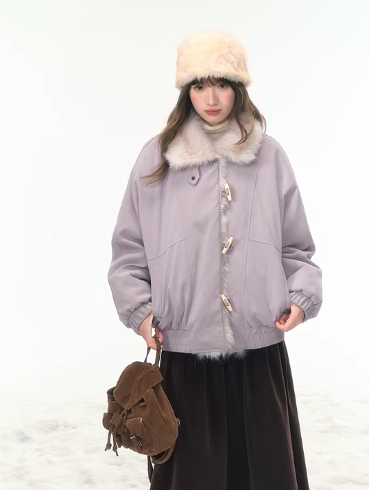 CANSTOREGIRLS Canned Goods 'Caramel Taro Milk Puff' stand-collar winter coat with horn buttons, made of cotton and PU leather, short style.