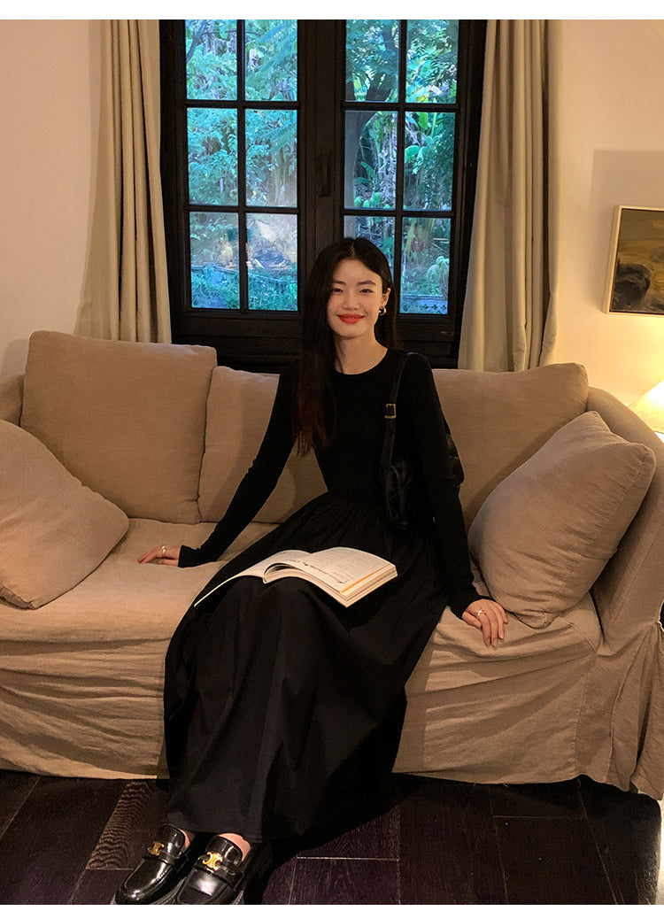 High-end long-sleeved dress for women with slim waist and Hepburn style Pusumede long dress