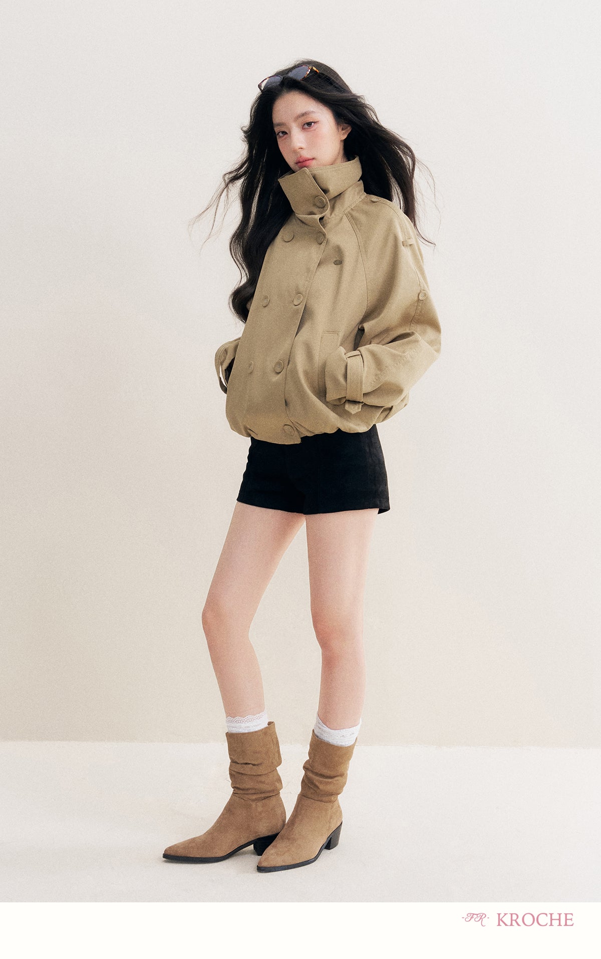 KROCHE Loose-fitting short trench coat, large lapels, double-breasted, loose-fitting, comfortable