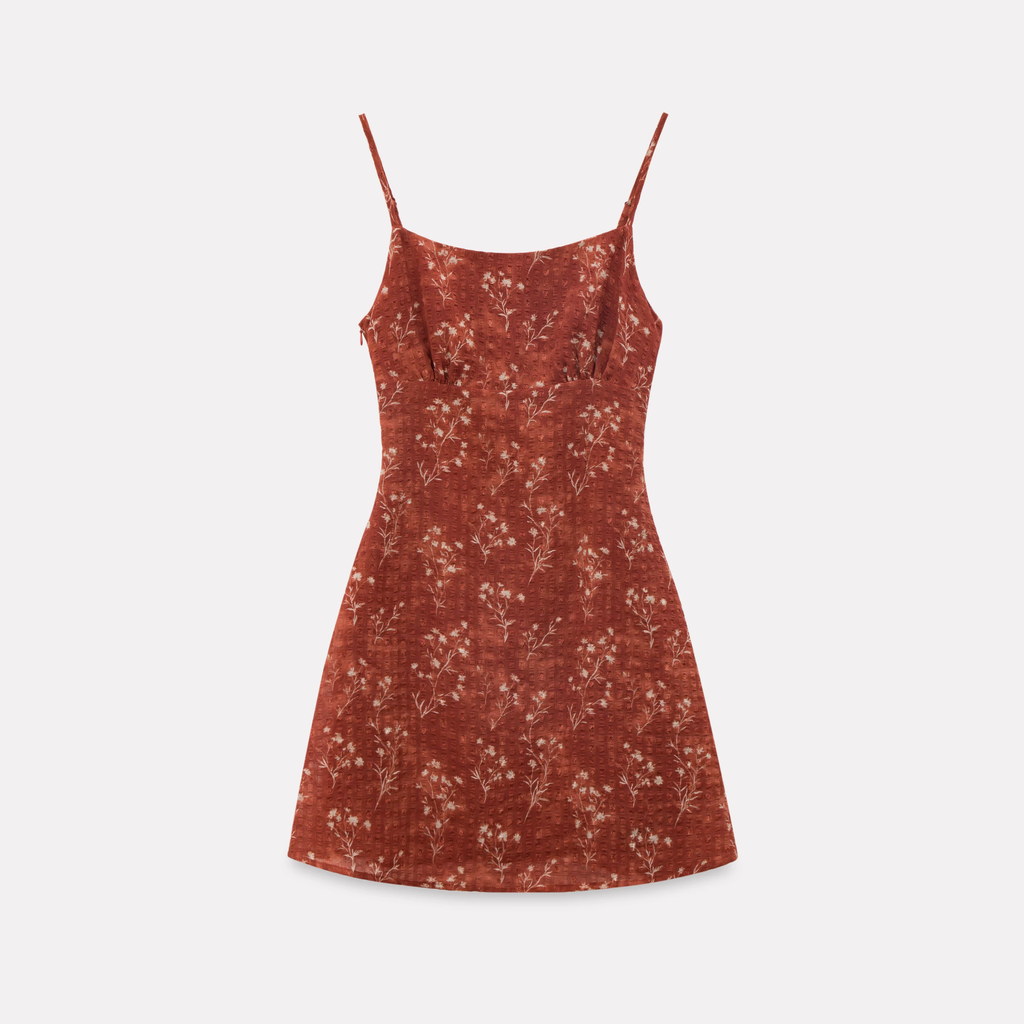 EGGKA Red French maxi dress with floral print, patterned woven fabric, A-line shape helps slim the figure