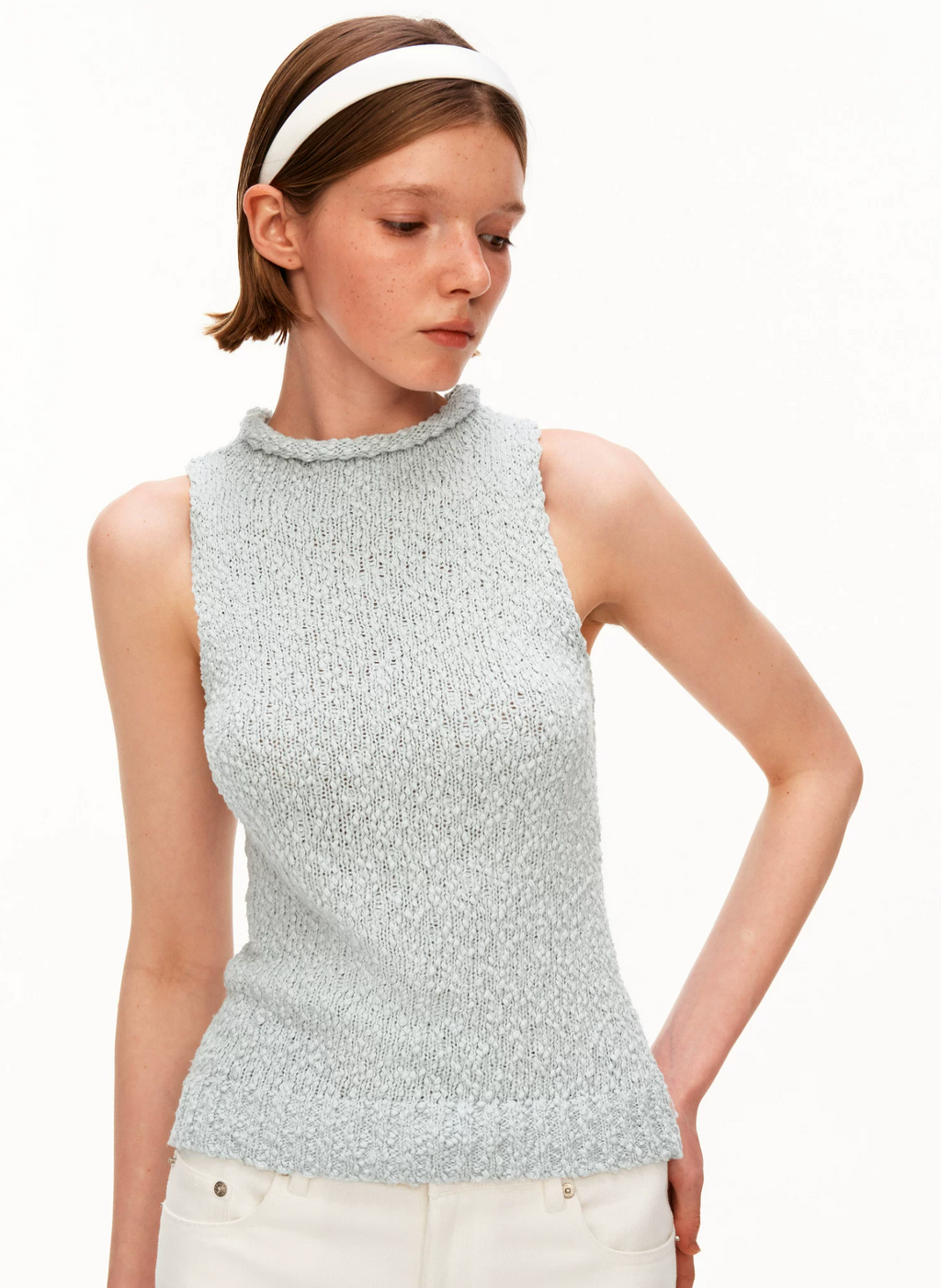 PUKI Sleeveless sweater with high collar, rolled hem, thick cotton material, retro design, tight fit,