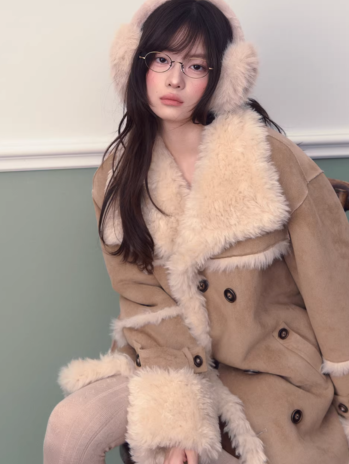 SOOTESEASON Soote Season's original Korean-style loose suede collar fleece jacket, knee-length.