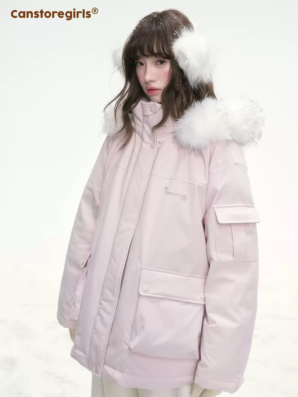 CANSTOREGIRLS Canned Goods Store 'Winter Love Song' Hooded Parka with Detachable Fur Collar, 90pcs White Duck Down Jacket