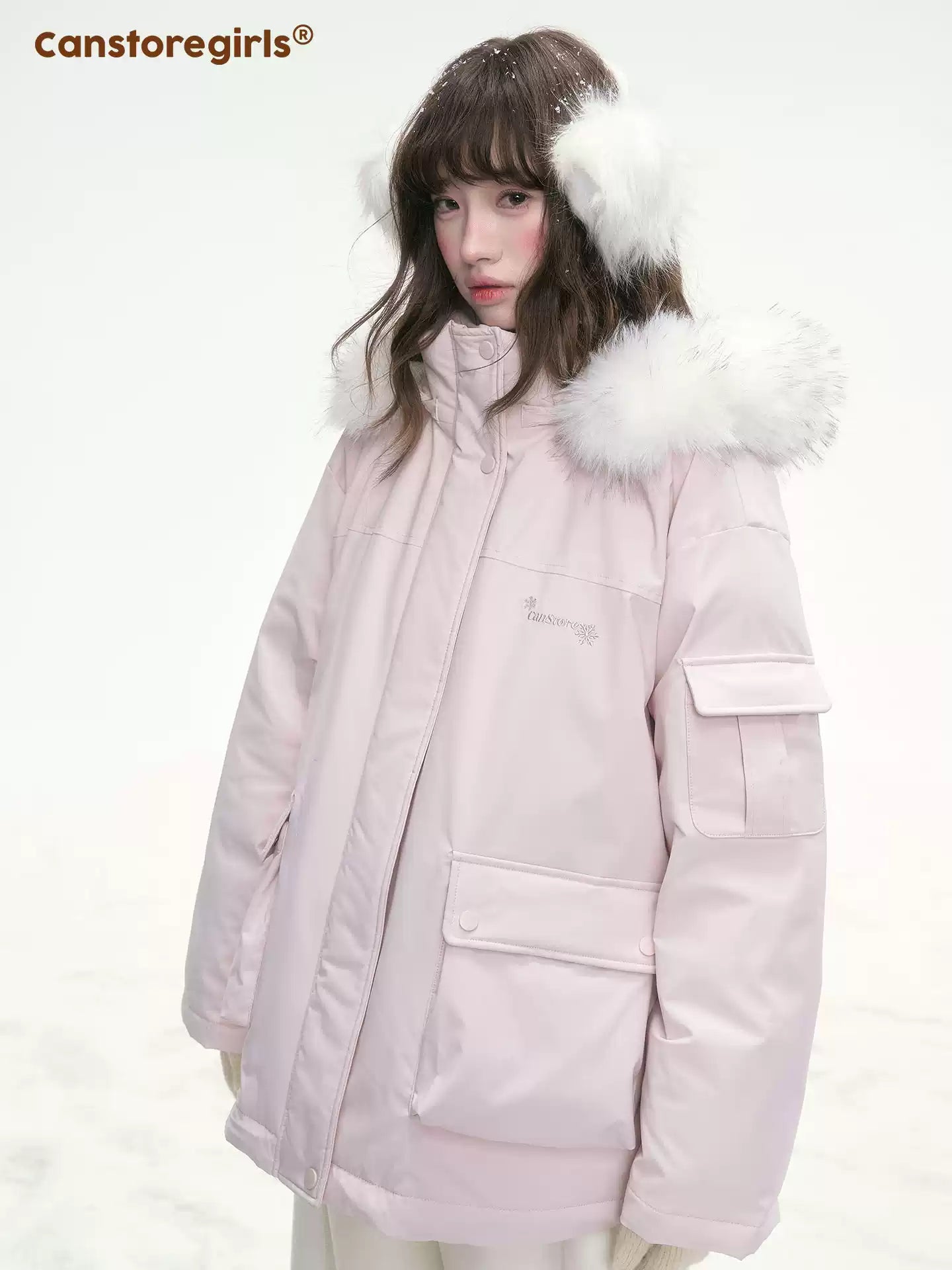 CANSTOREGIRLS Canned Goods Store 'Winter Love Song' Hooded Parka with Detachable Fur Collar, 90pcs White Duck Down Jacket