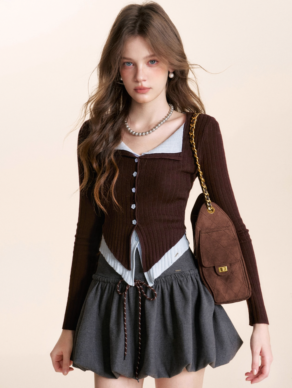 KROCHE Soft wool grey drawstring skirt geek style 2025