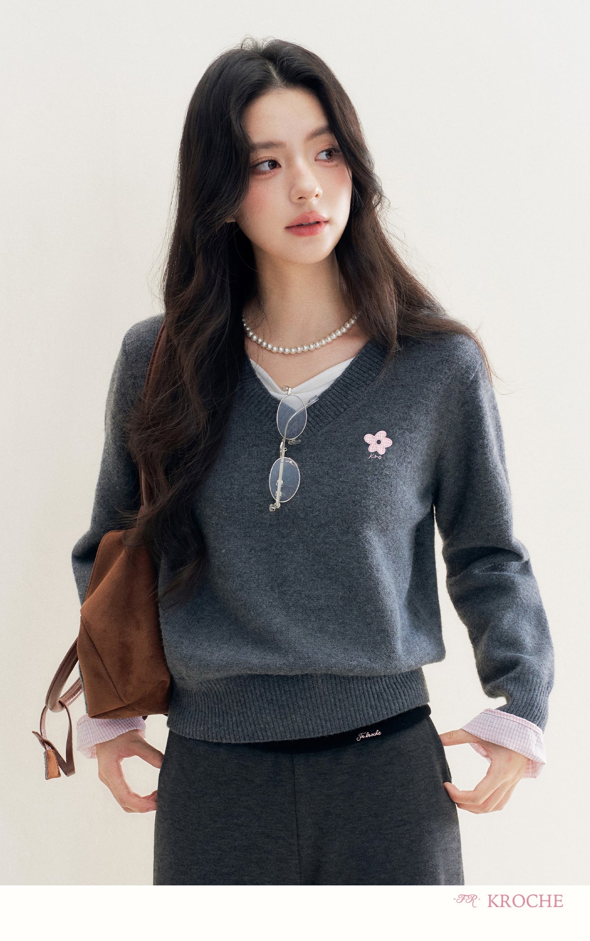 kroche 25AW two piece grey wool blend patchwork v neck sweater with bow