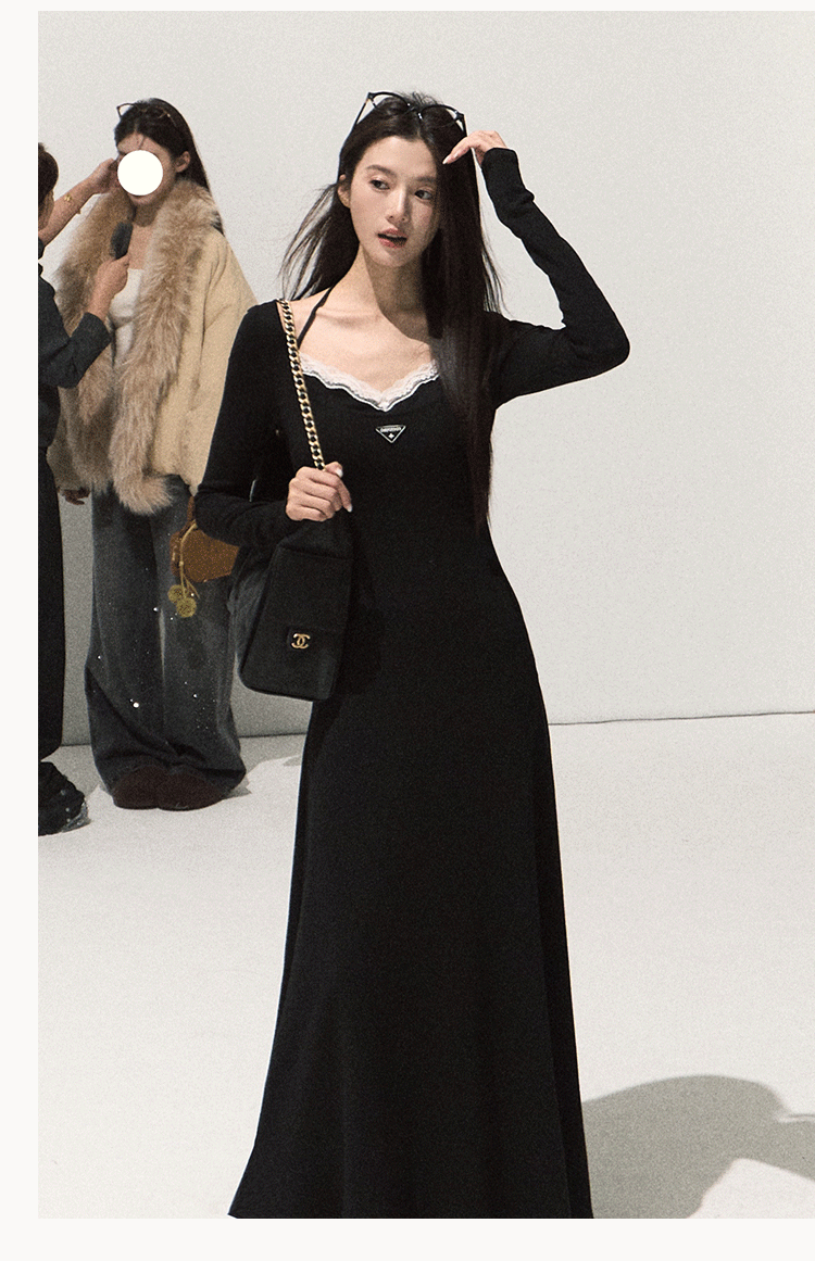 OAKMOO Black Two-piece Long Sleeve Faux Lace Halter Neck Waist Tie Dress, Autumn/Winter Long Dress with Waist Tie