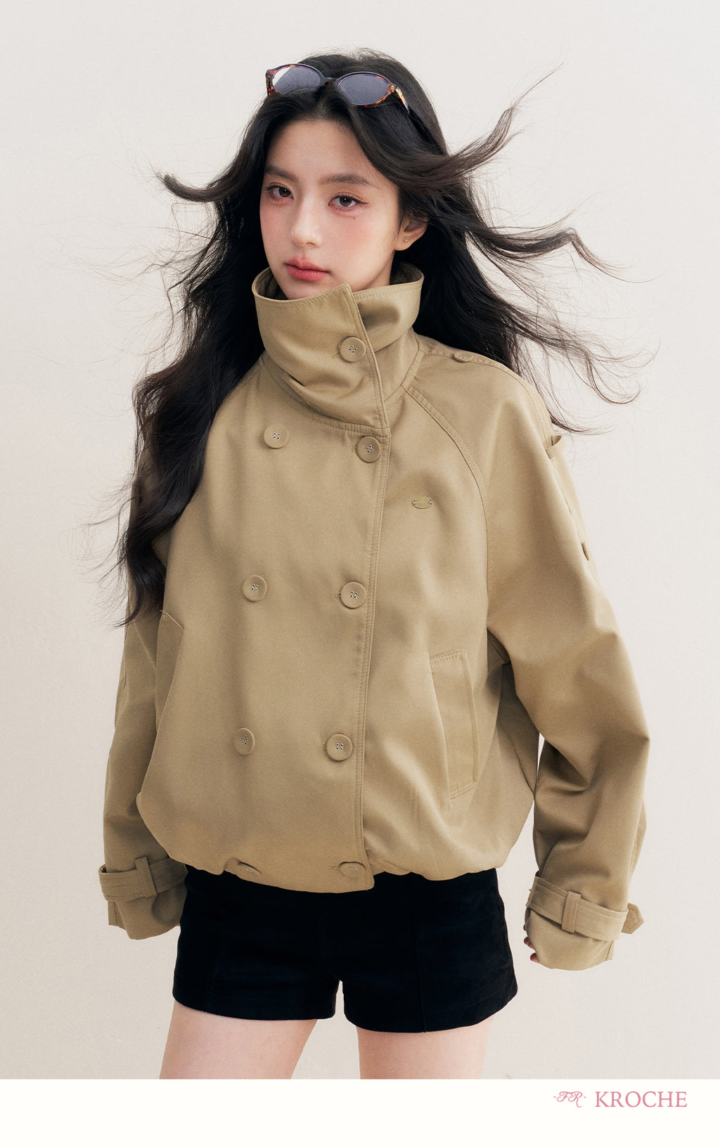 KROCHE Loose-fitting short trench coat, large lapels, double-breasted, loose-fitting, comfortable