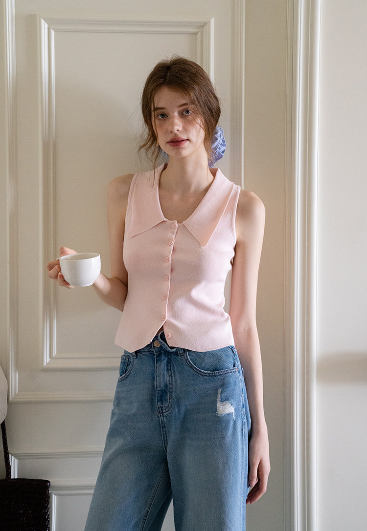 EGGKA Women's Summer Sleeveless Classic Lapel Cardigan Slim Fit Korean Elegant Temperament Slim Cardigan