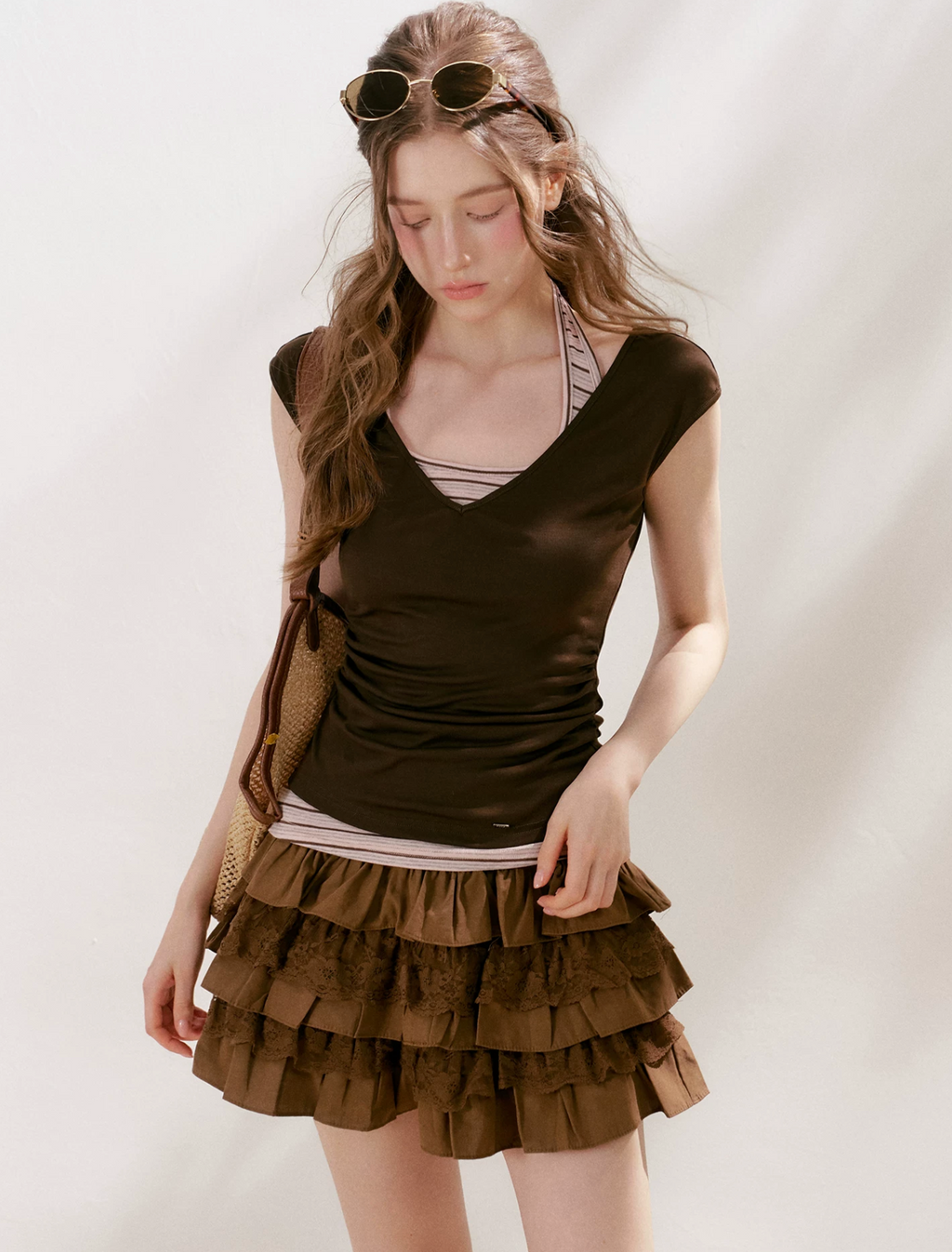 KROCHE Two-piece short-sleeved t-shirt with a slim fit, halter neck, color combination, "Lyocell" striped pattern.