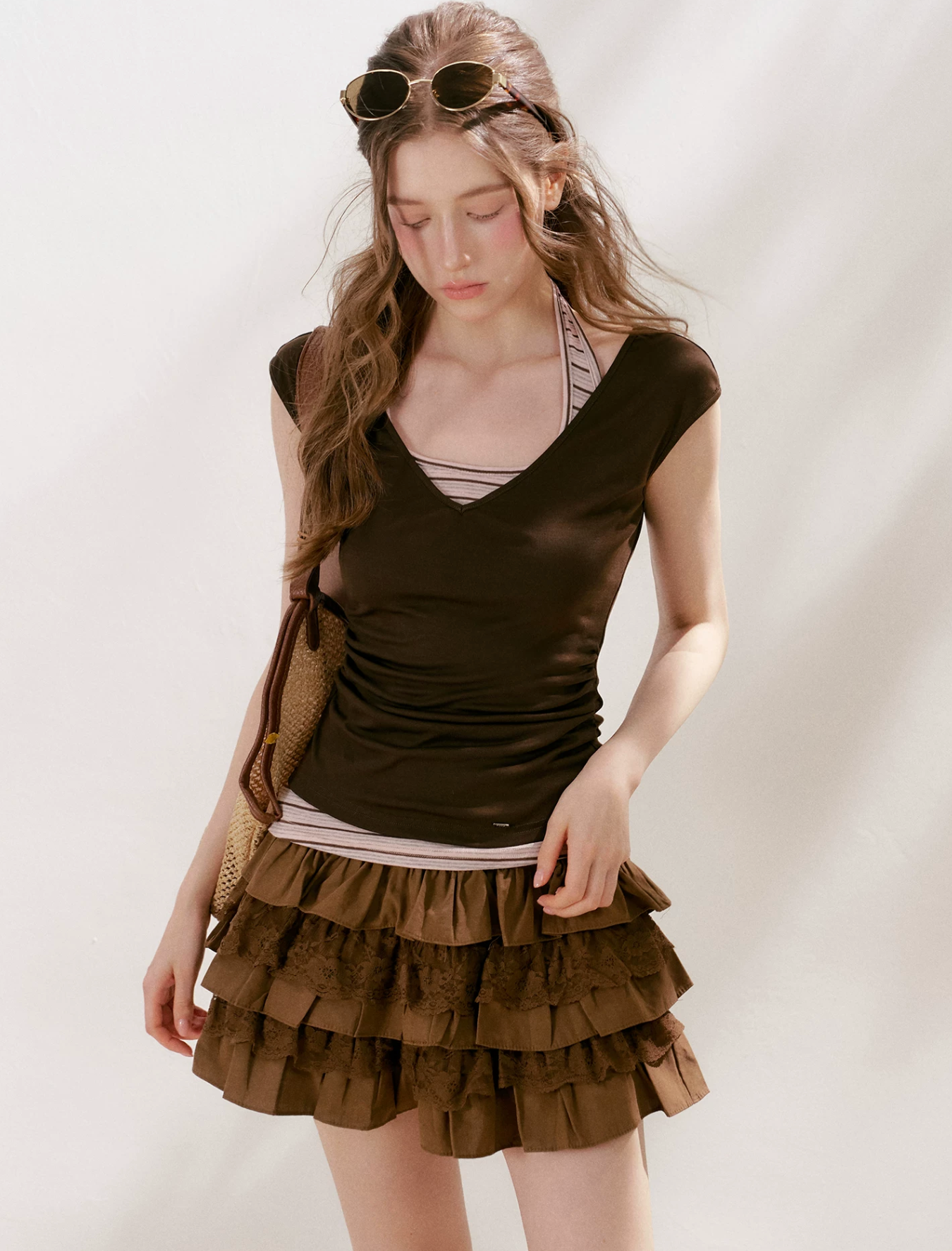 KROCHE Two-piece short-sleeved t-shirt with a slim fit, halter neck, color combination, "Lyocell" striped pattern.