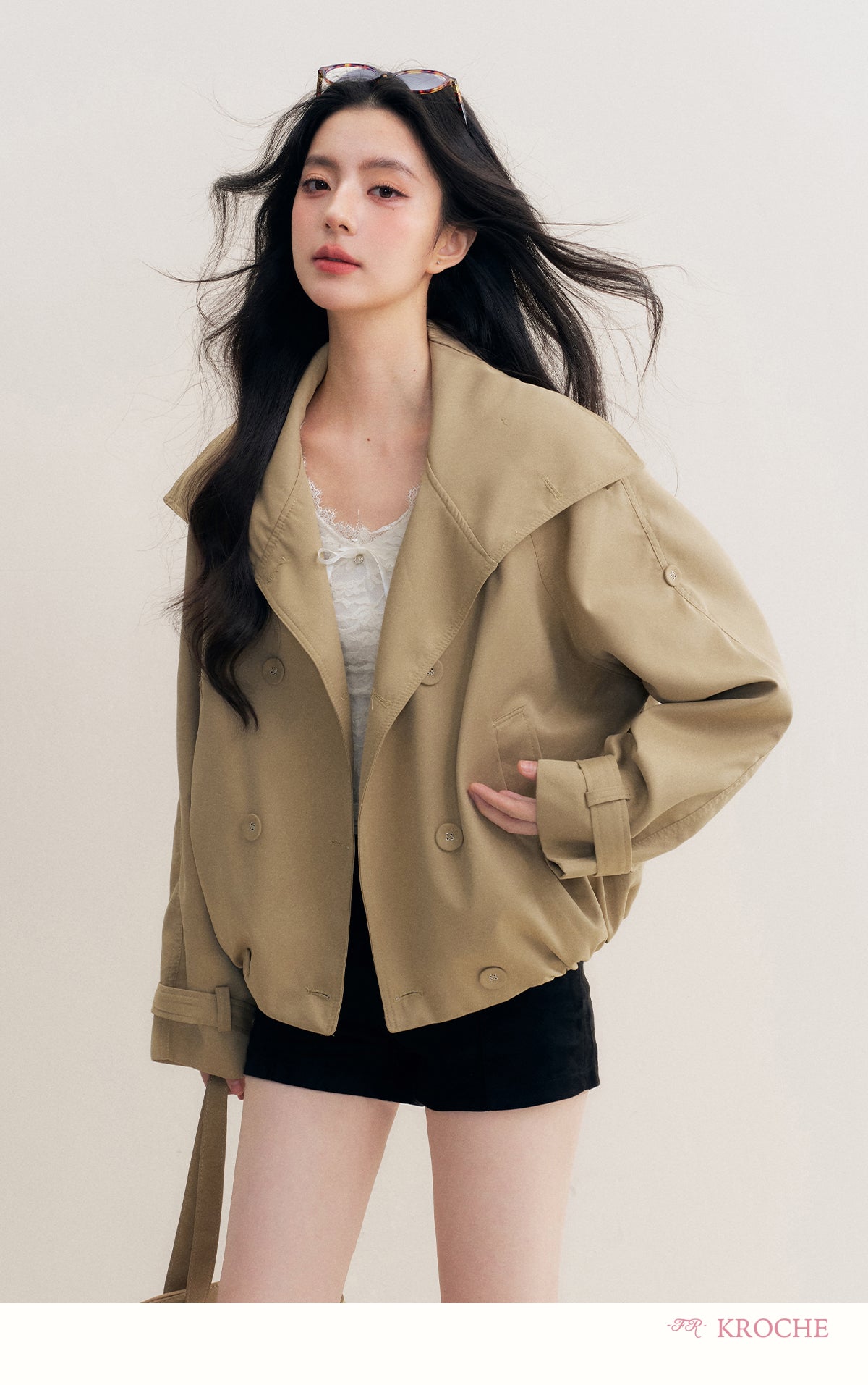 KROCHE Loose-fitting short trench coat, large lapels, double-breasted, loose-fitting, comfortable