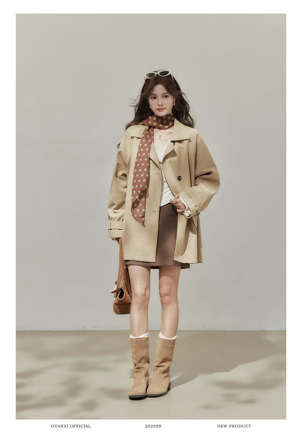 Oyanxi Women's Autumn "Freeze Paris" Khaki Raglan Long Sleeve Jacket, Short, Medium Length