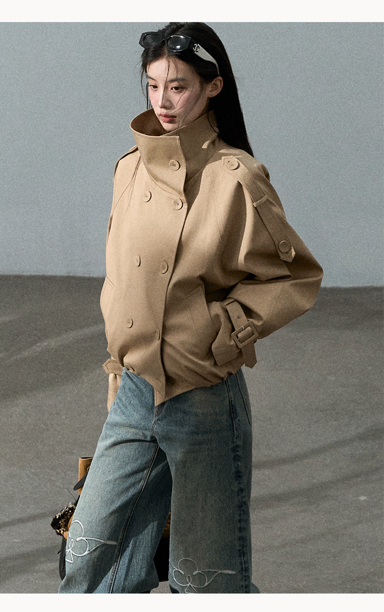Oakmoo "Through the Oak Woods" Short Double-Breasted Lyocell Cotton Stand Collar Trench Coat