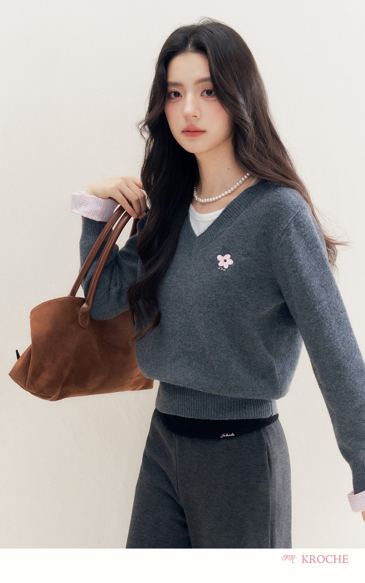 kroche 25AW two piece grey wool blend patchwork v neck sweater with bow