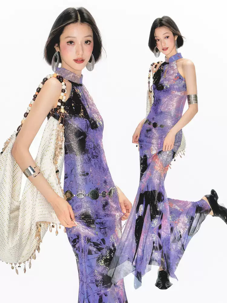 Yang Erdameng Original Chinese Style Purple Printed Sleeveless Halter Collar Cheongsam Dress for Women New Style Stand Collar Long Dress