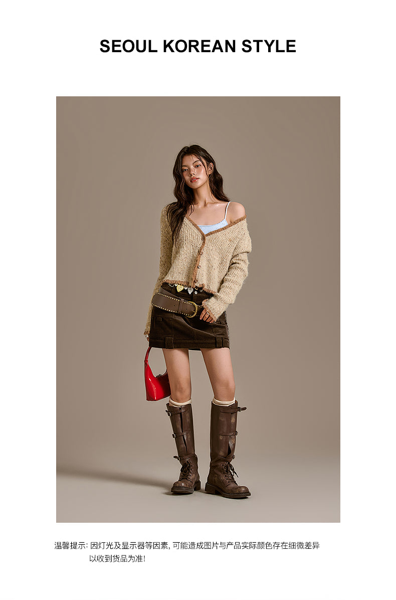 CHUU VネックセーターChuuホットガール女性冬2025新着ファッショナブルなショートカーディガンセーターで年齢を減らす