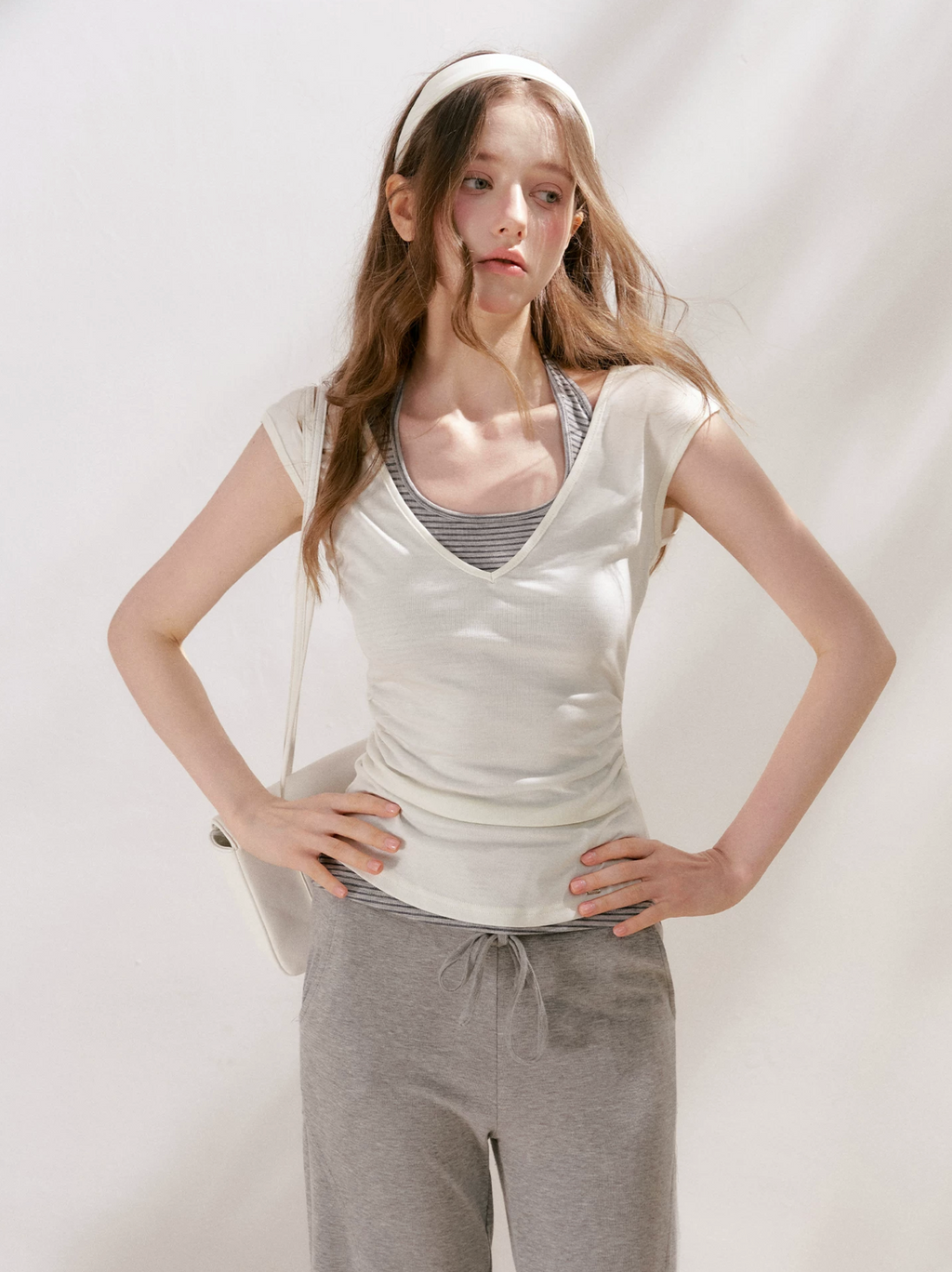 KROCHE Two-piece short-sleeved t-shirt with a slim fit, halter neck, color combination, "Lyocell" striped pattern.