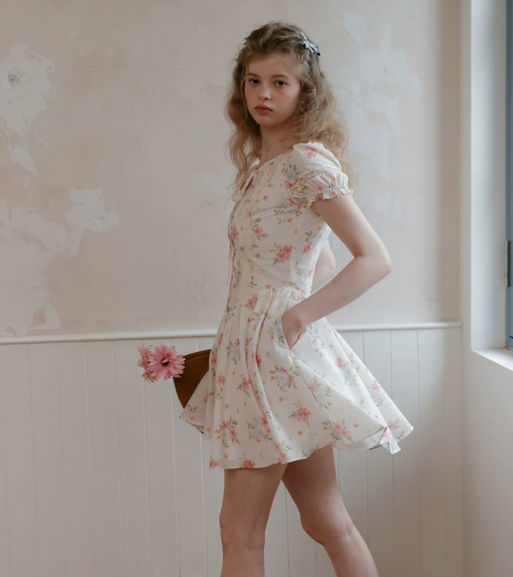 ISISLOVE Very cute 2026 short-sleeved floral dress with waist tie for women, new summer style, French country style.