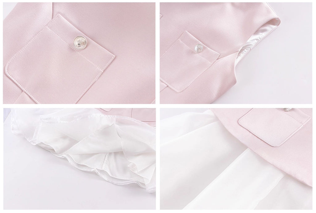 Pink satin dress with faux pearl mini turtleneck two-piece with puffy skirt and belt Recit