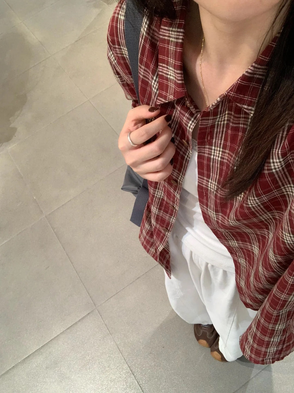 Red and white plaid loose-fit shirt