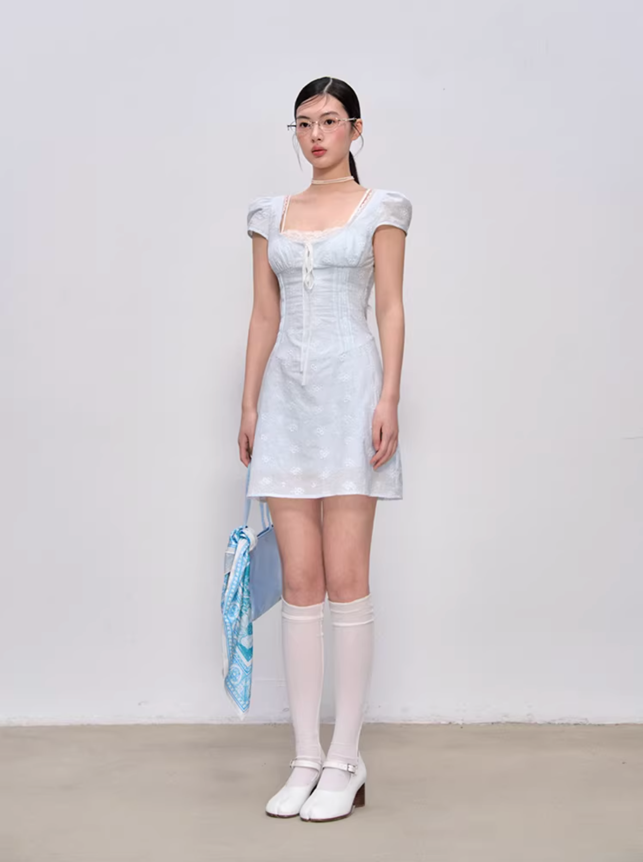 LaluneDuCiel Pure cotton long/short dress with square neck, slim waist, lace for women, suitable for spring