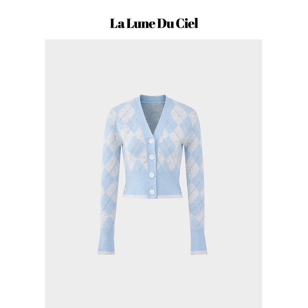 LaluneDuCiel Women's loose V-neck diamond-patterned wool cardigan, casual style from Academy of Advanced Intelligence.