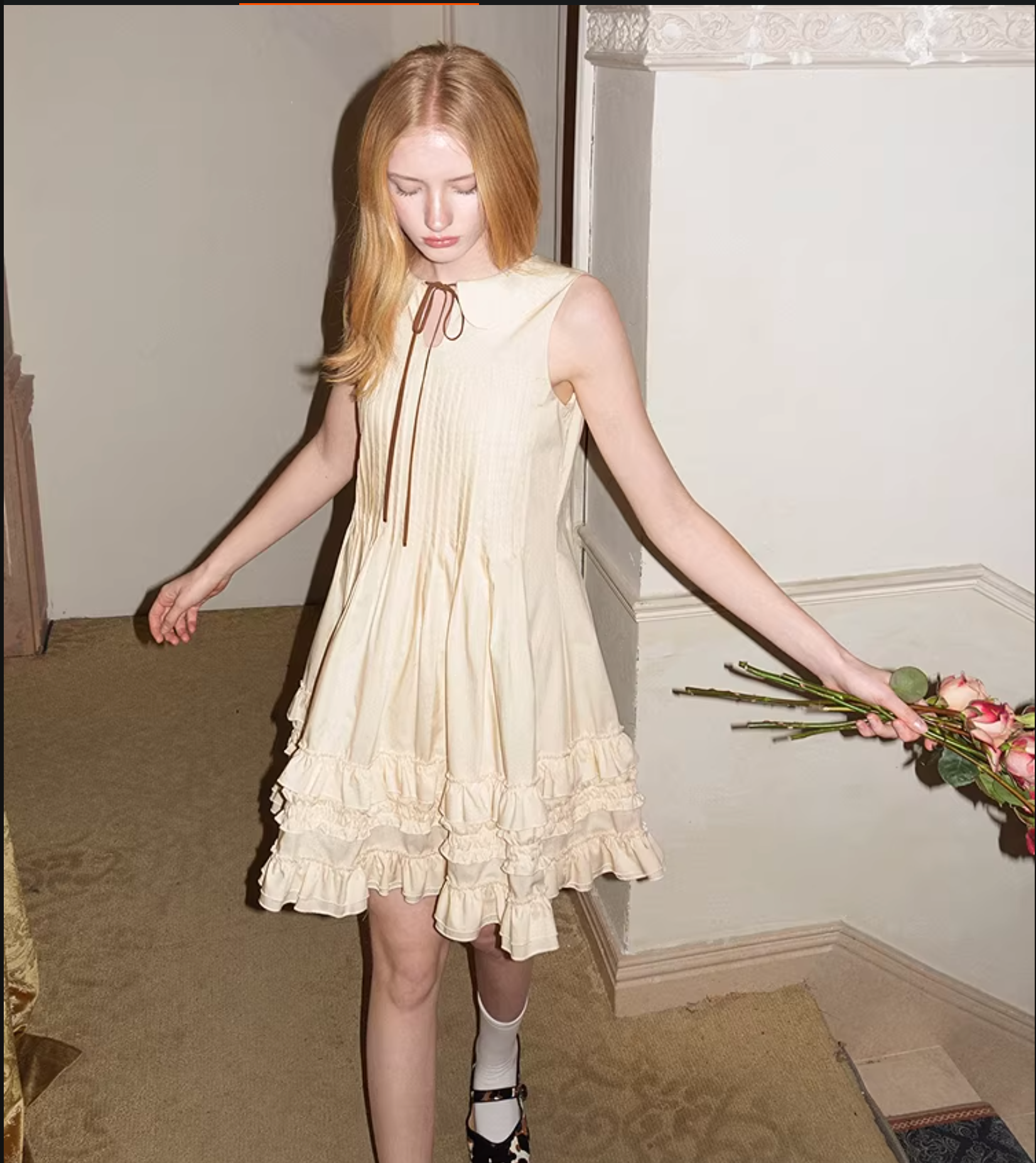 UENA Light yellow round neck sleeveless vest dress with ruffles at the bust and babydoll collar