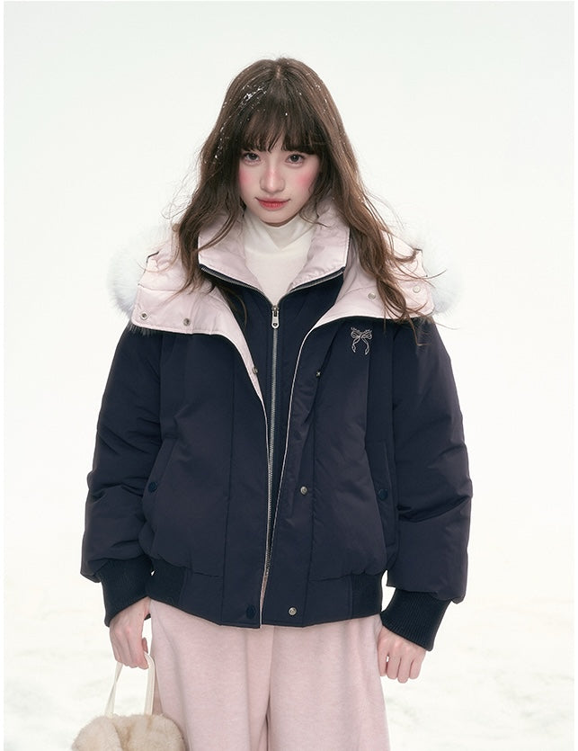 CANSTOREGIRLS Boxed goods store 'Snowy Sweet Berry' new national standard color block color two-piece faux down jacket 90% white duck feather