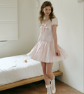 ISISLOVE French dress with V-neck puff sleeves, pink satin polka dot pleated skirt, summer style for women.