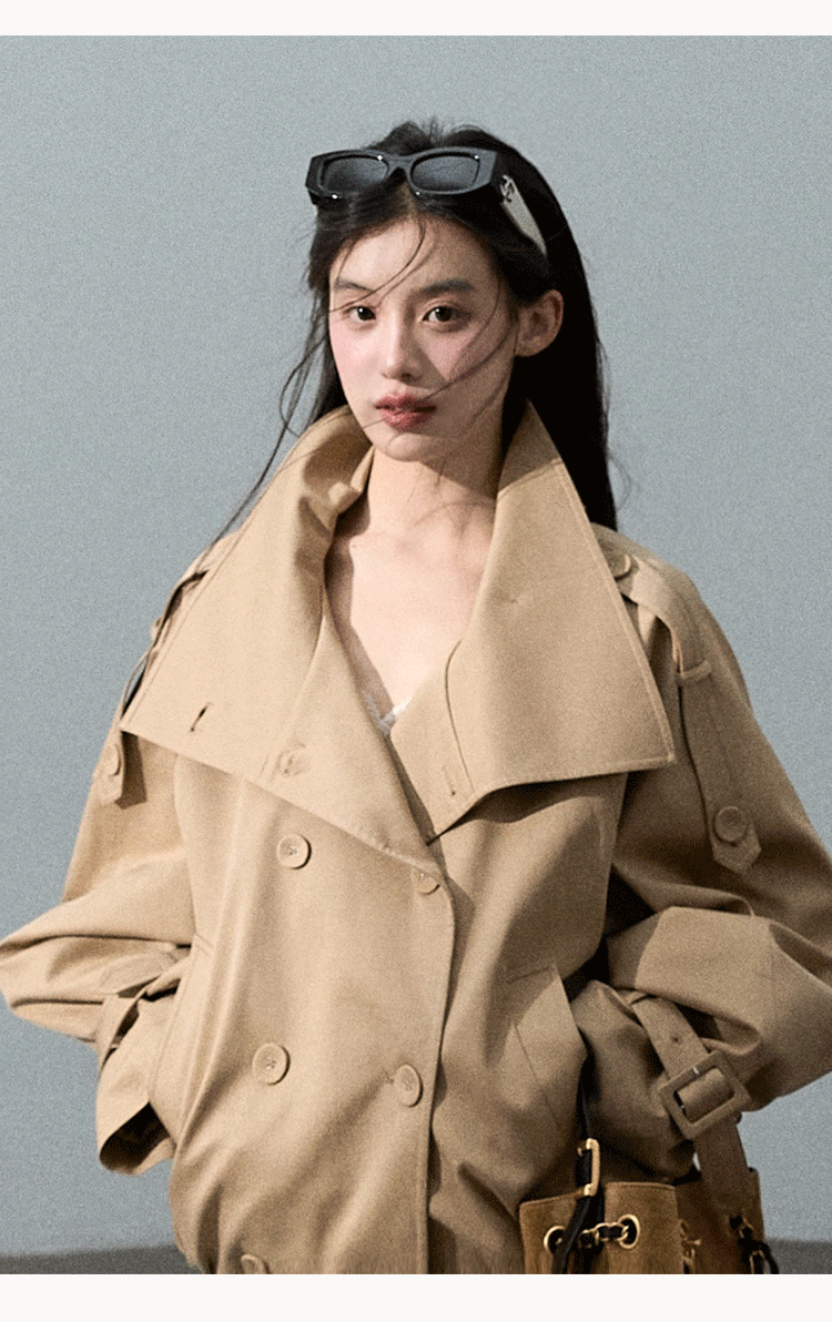 Oakmoo "Through the Oak Woods" Short Double-Breasted Lyocell Cotton Stand Collar Trench Coat