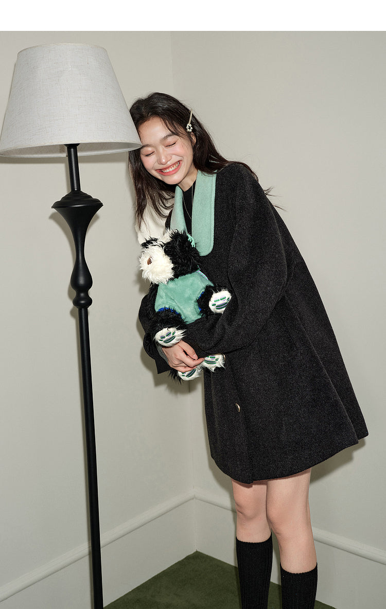 KOUSE Women's 2025 New Autumn Winter Classic Medium-Long Woolen Coat Black and Gray