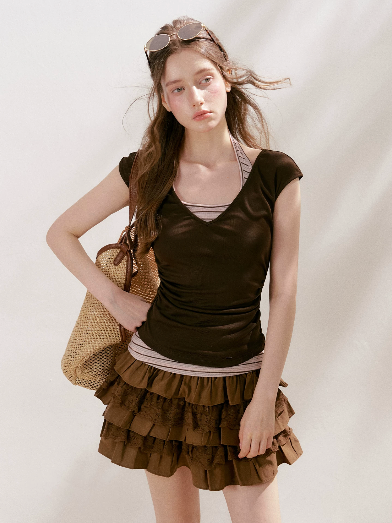 KROCHE Two-piece short-sleeved t-shirt with a slim fit, halter neck, color combination, "Lyocell" striped pattern.
