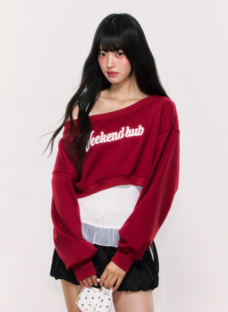 WEEKENDHUB Weekendhub 新作秋冬スタイルオフショルダースウェットシャツ2点セット（レディース）、小柄な方向けの2025年シックな韓国風ブラウス