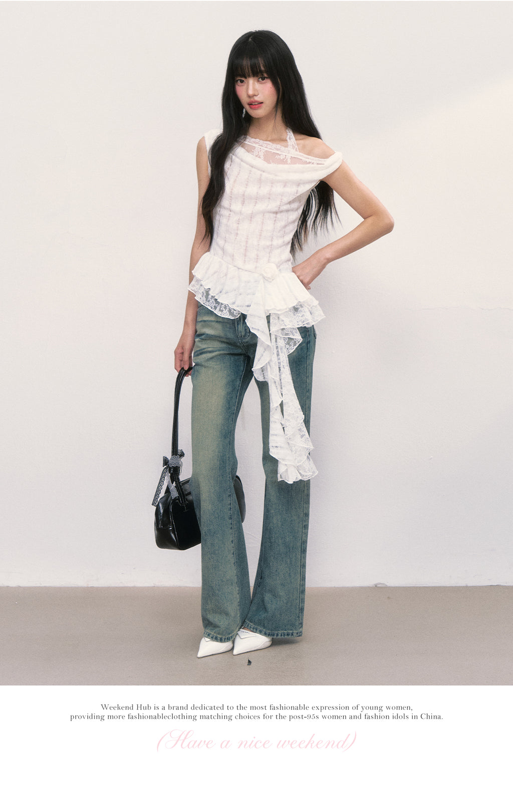 WEEKENDHUB Women's White French Lace Top, High-end Summer Off-the-Shoulder Short Sleeve Design with Asymmetrical Shoulders