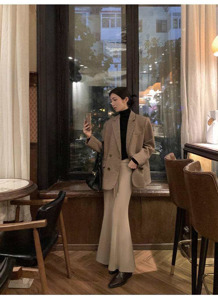 Mulvan classic brown wool tweed vest for women autumn and winter high quality loose fit herringbone pattern