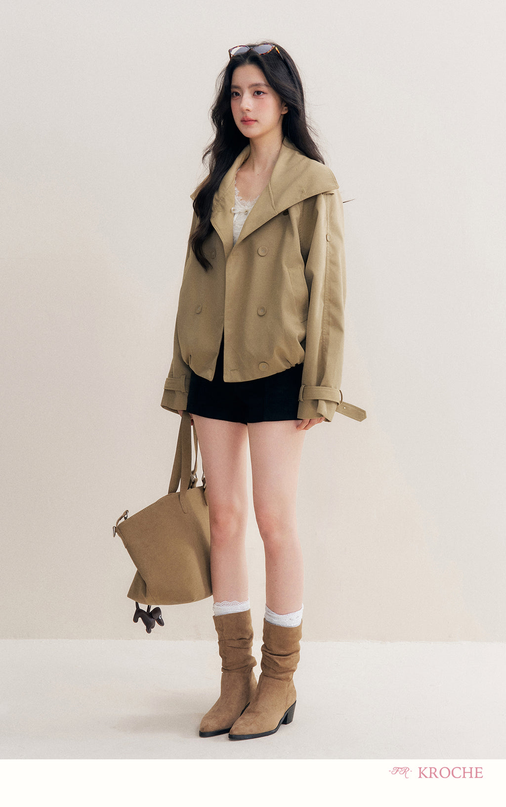 KROCHE Loose-fitting short trench coat, large lapels, double-breasted, loose-fitting, comfortable