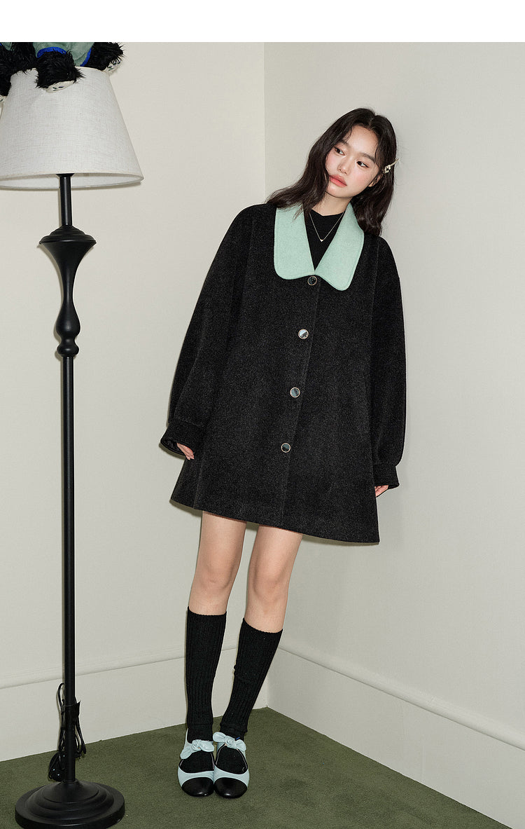 KOUSE Women's 2025 New Autumn Winter Classic Medium-Long Woolen Coat Black and Gray