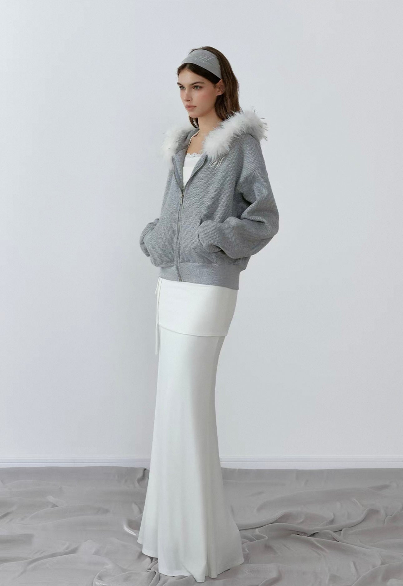 Grey fleece jacket with hood and fur collar