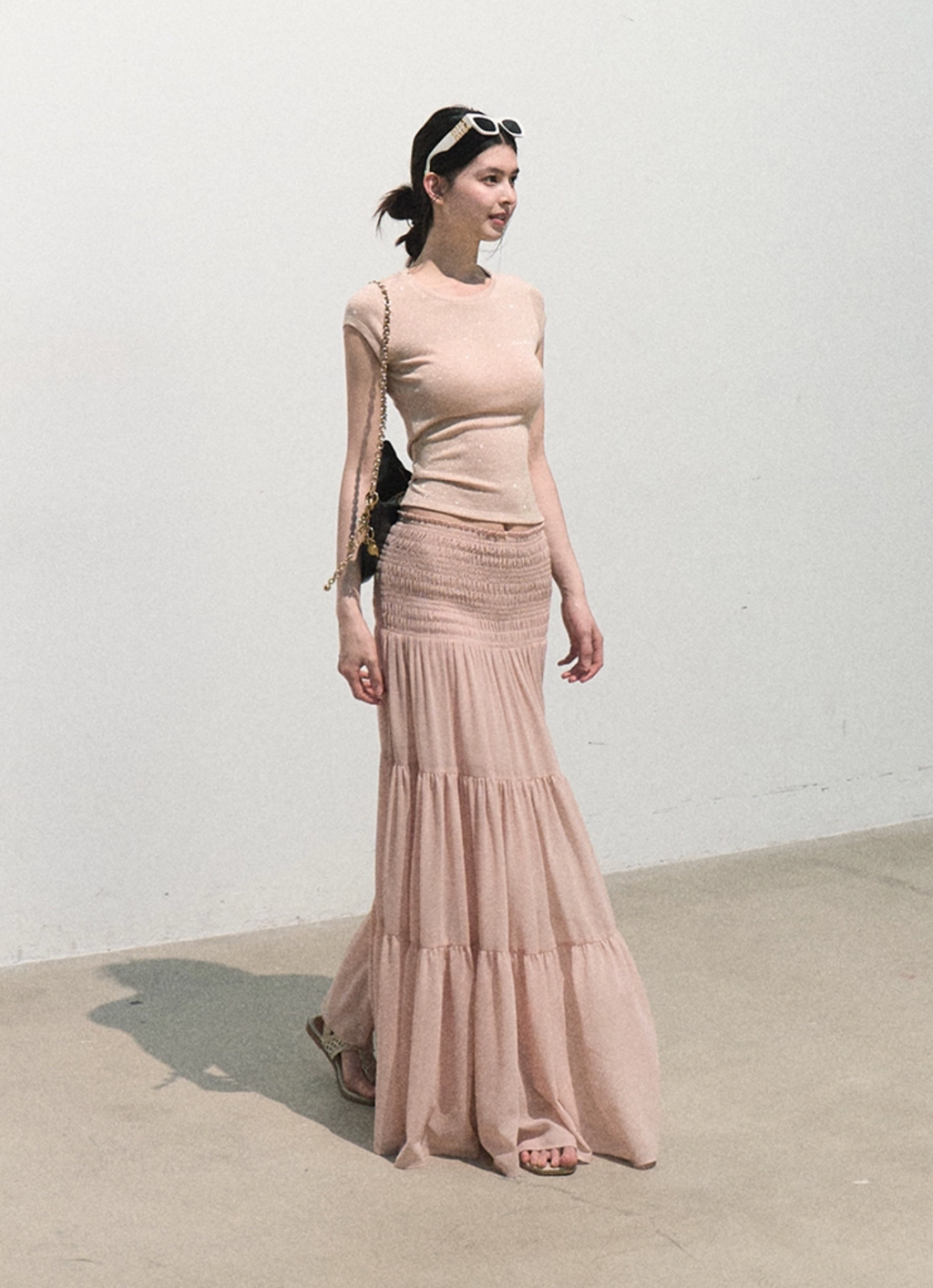 OAKMOO "Her Skirt" - Thick pleated A-line dress, pink chiffon summer midi dress.