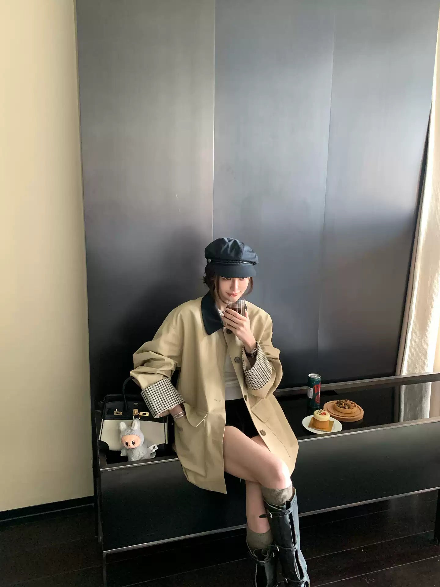 SKK High quality khaki jacket with multi-color plaid pattern, short and loose fit, autumn style for women.