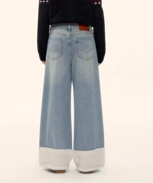 AsGony wide-leg straight jeans with fleece lining at the hem - Wide fit, flattering, comfortable, versatile, fleece-lined long pants.