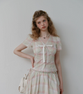 Preppy pink and green plaid 2026 Korean style suit includes V-neck short-sleeved shirt with lace trim and mini skirt