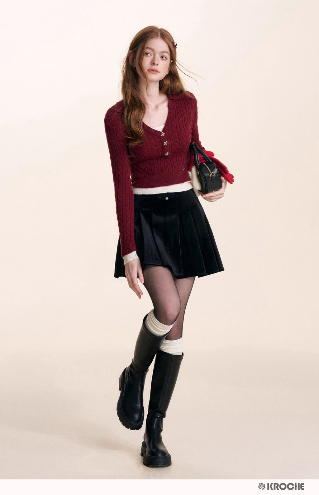 KROCHE Velvet A-line pleated midi skirt with gentle bow for night